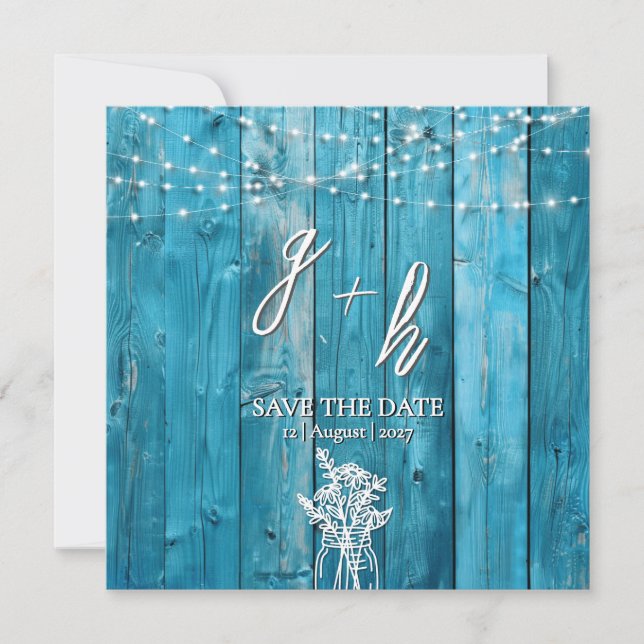 Carte Bleu Rustique Bois Chic Chic Enregistrer les dates (Devant)