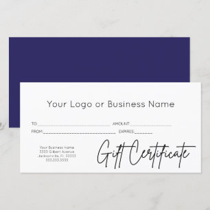 Carte Bleu Script Votre Logo Certificat Cadeau Professio