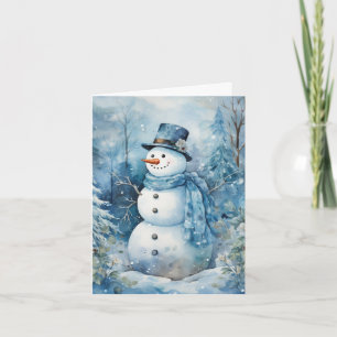 Carte Bleu Snowman mignon Casquette & Fleurs d'Écharpe A