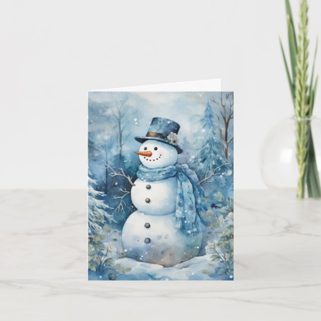Carte Bleu Snowman mignon Casquette & Fleurs d'Écharpe A (Devant)