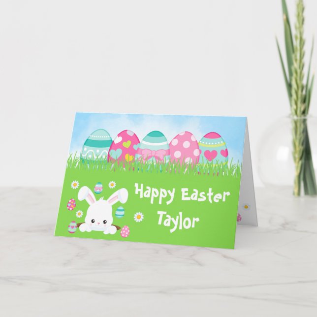 Carte Bleu turquoise lapin et oeufs roses Joyeux Pâques (Devant)