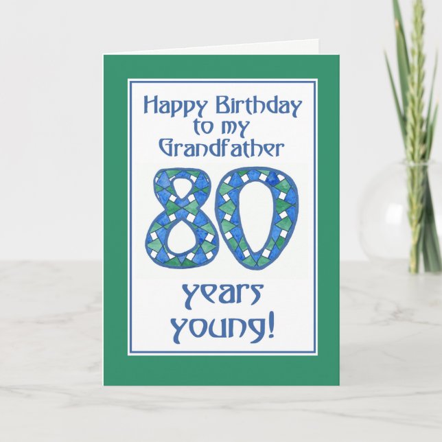 Carte Bleu, Vert, Blanc 80e anniversaire grand-père (Devant)
