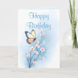 Carte Bleu Watercolor Flower Butterfly Joyeux anniversai