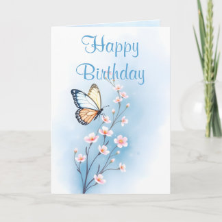 Carte Bleu Watercolor Flower Butterfly Joyeux anniversai