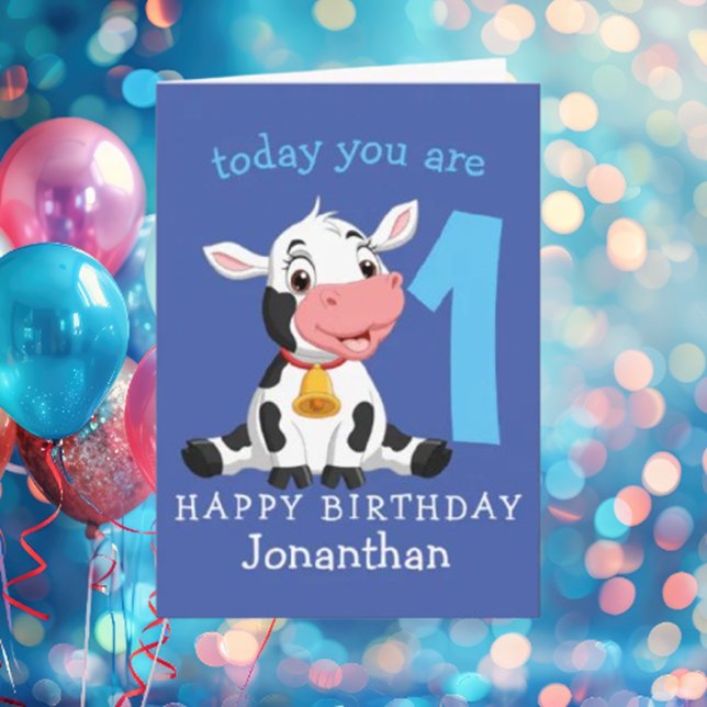 Carte bleue 1er Anniversaire Vache (The card captures the essence of a happy birthday celebration who love cows)