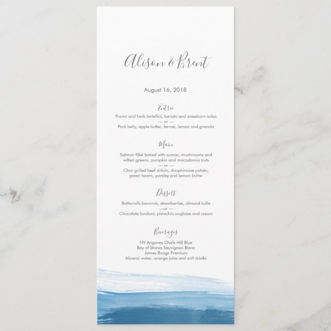 Carte bleue de menu ou de programme de mariage (Devant)