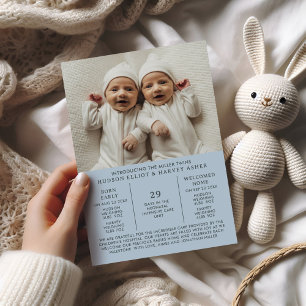 Carte bleue faire-part de naissance Preemie Twins