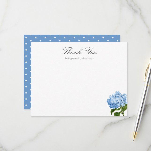Carte bleue Hydrangea Nom personnalisé Merci plat (Devant/Arrière en situation)