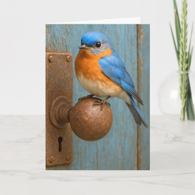 Carte Bleuet d'anniversaire sur une poignée de porte rou (Devant)