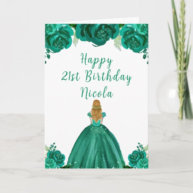 Carte Blonde Hair Princess Green Floral fête d'anniversa (Devant)