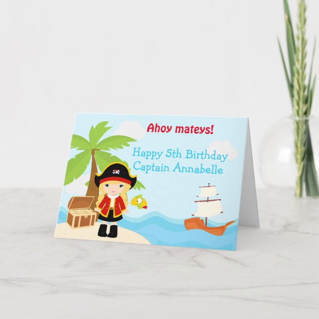 Carte Blonde mignonne fille pirate à la fête d'anniversa (Devant)