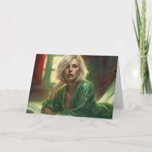 Carte Blonde séductrice en vert pour la Saint-Valentin