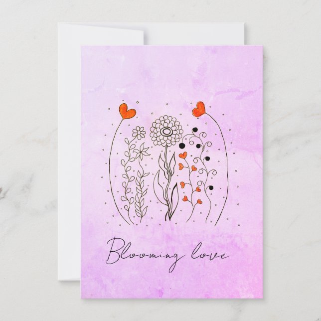 Carte  Blooming Love Hand-Drawn Hearts Floral Card (Devant)