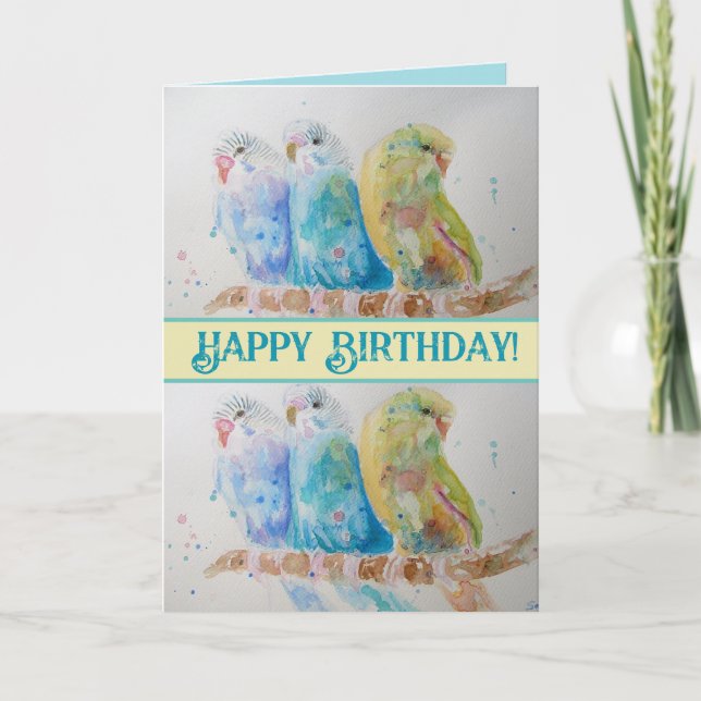 Carte Blue Budgies Aquarelle joyeuse Anniversaire Budgie (Devant)