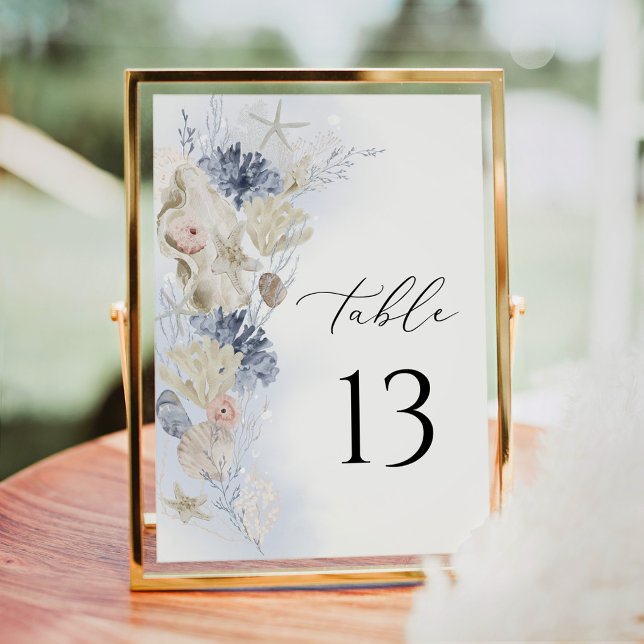 Carte Blue Coastal Beach Wedding Table Number Card (Blue coastal wedding table number card beach seashell decor)