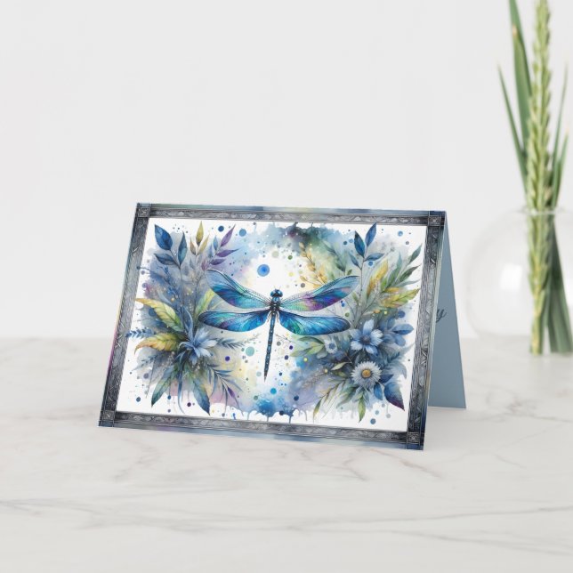 Carte Blue Dragonfly Botanical Watercolor (Devant)