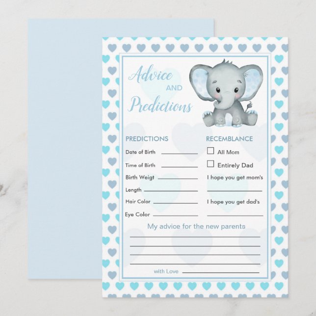 Carte Blue Elephant Hearts Baby Prediction & Conseils (Devant / Derrière)