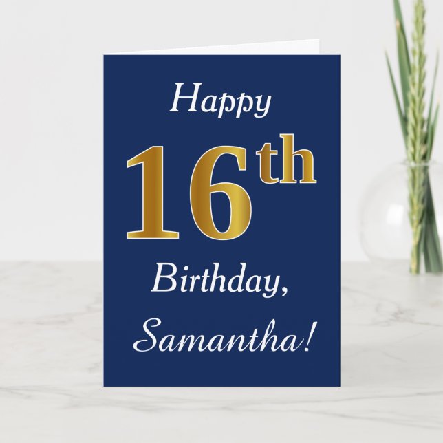 Carte Blue, Faux Gold 16e anniversaire + Nom personnalis (Devant)