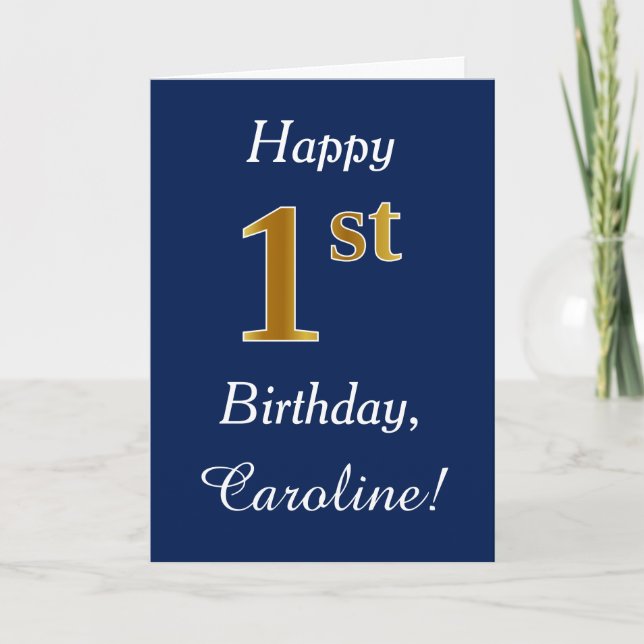 Carte Blue, Faux Gold 1er anniversaire + Nom personnalis (Devant)