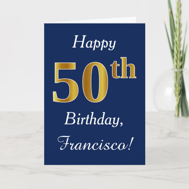 Carte Blue, Faux Gold 50e anniversaire + Nom personnalis (Devant)