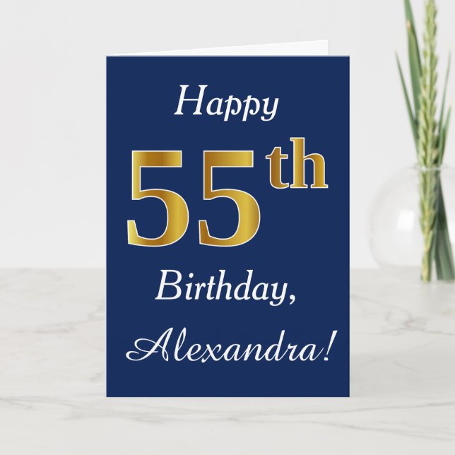 Carte Blue, Faux Gold 55e anniversaire + Nom personnalis (Devant)