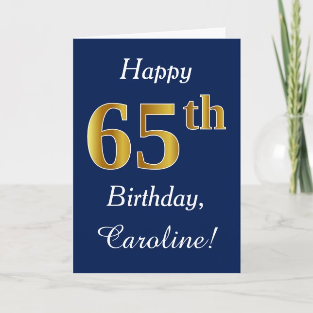 Carte Blue, Faux Gold 65e anniversaire + Nom personnalis (Devant)