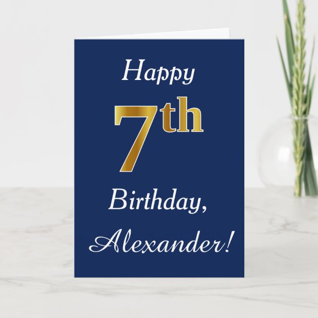 Carte Blue, Faux Gold 7e anniversaire + Nom personnalisé (Devant)