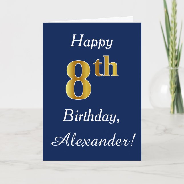 Carte Blue, Faux Gold 8e anniversaire + Nom personnalisé (Devant)
