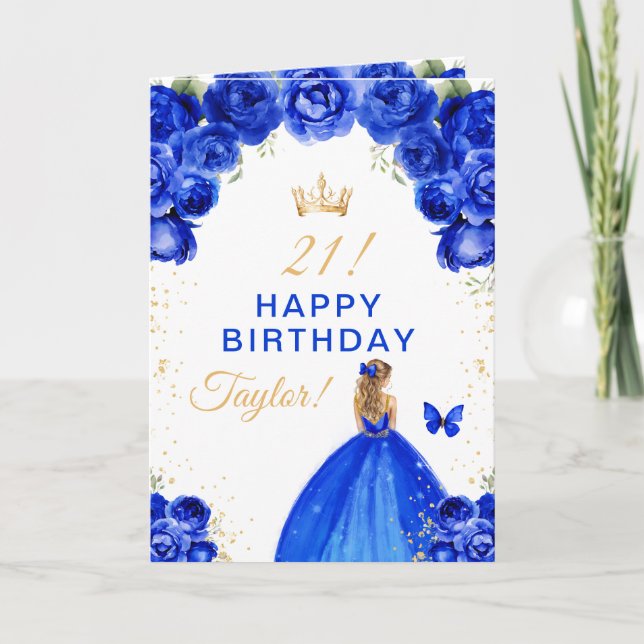 Carte Blue Floral Blonde Coiffeuse fille heureux anniver (Devant)