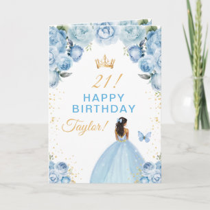 Carte Blue Floral Dark Skin Girl Joyeux anniversaire