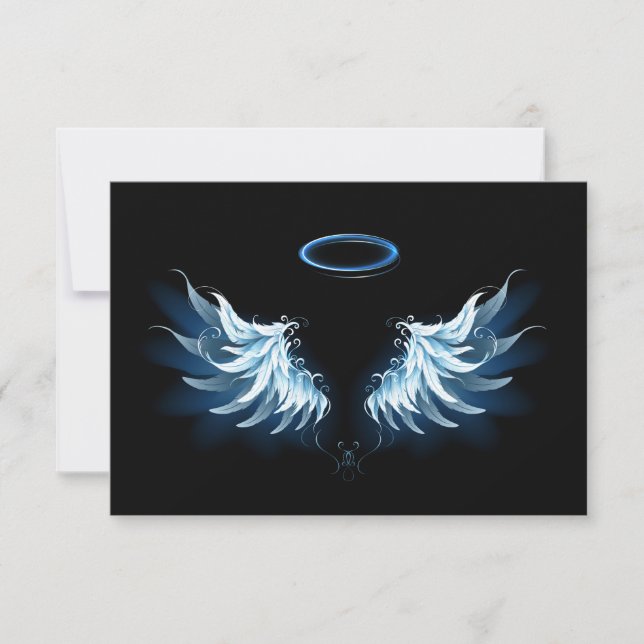 Carte Blue Glowing Angel Wings on black background (Devant)
