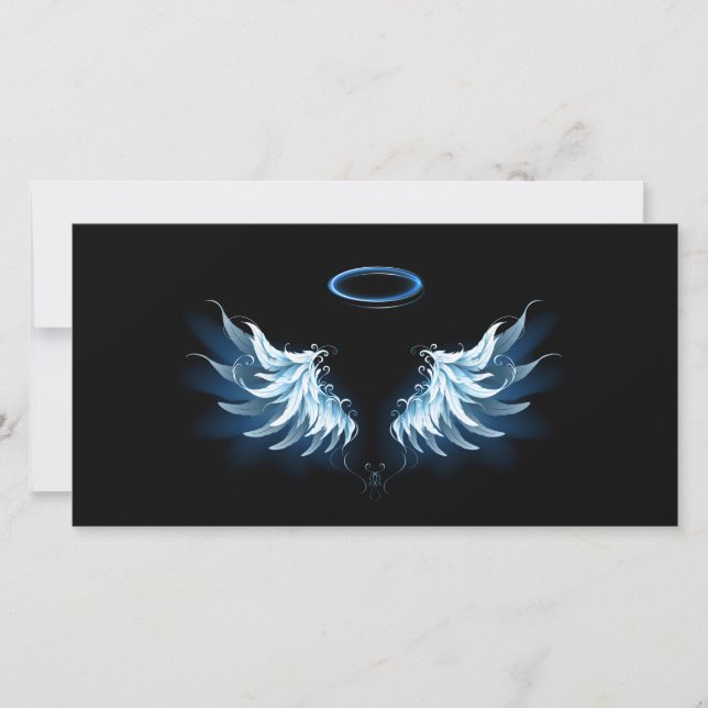 Carte Blue Glowing Angel Wings on black background (Devant)