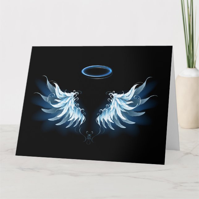 Carte Blue Glowing Angel Wings on black background (Devant)