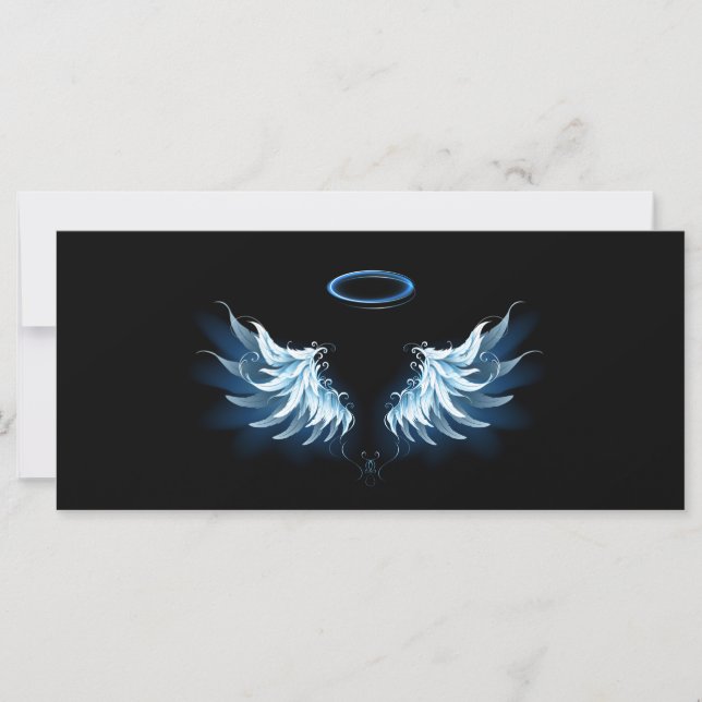 Carte Blue Glowing Angel Wings on black background (Devant)