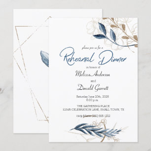 Carte Blue Gold Floral Moderne Dîner de répétition éléga