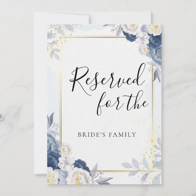Carte Blue Gold Floral Réservé à la famille de la mariée (Devant)