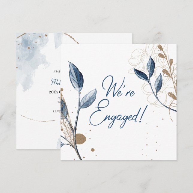 Carte Blue Gold Moderne Floral Élégant Fiançailles Parti (Devant / Derrière)