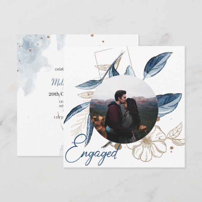 Carte Blue Gold Moderne Floral Élégant Fiançailles Parti (Devant / Derrière)
