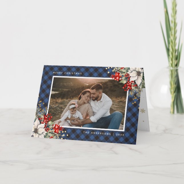 Carte Blue Holly Berries Poinsettia Photo Christmas (Devant)