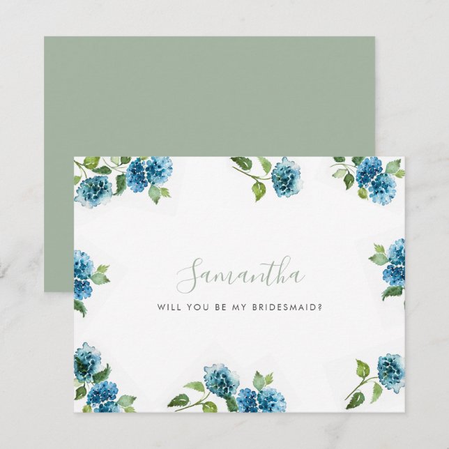 Carte Blue Hydrangea Bridesmaid Proposal Cards (Devant / Derrière)