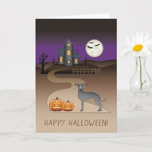 Carte Blue Iggy Cute Dog Et Halloween Maison Hantée (Petite plante)