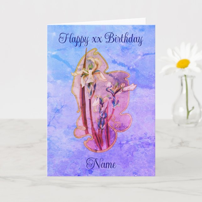 Carte Blue Iris Floral Art Personnalisé Anniversaire (Petite plante)