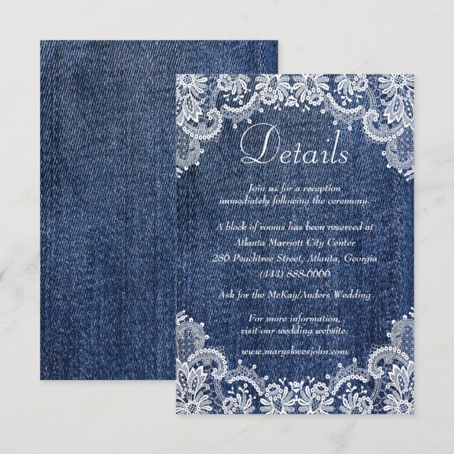 Carte Blue Jean Denim Et Dentelle Détails Mariage Encadr (Devant / Derrière)