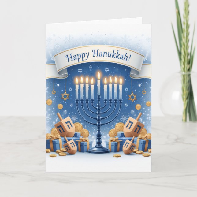 Carte Blue Menorah Blessings – Happy Hanukkah Greeting (Devant)