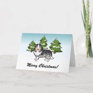 Carte Blue Merle Sheltie Dessin Chien En Hiver & Texte