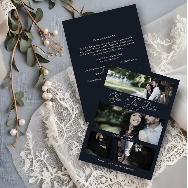 Carte Blue Modern 3 Wedding Engagement Photos Collage (Blue Marine Trendy Modern 3 Wedding Engagement Photos Collage Save the Date. )