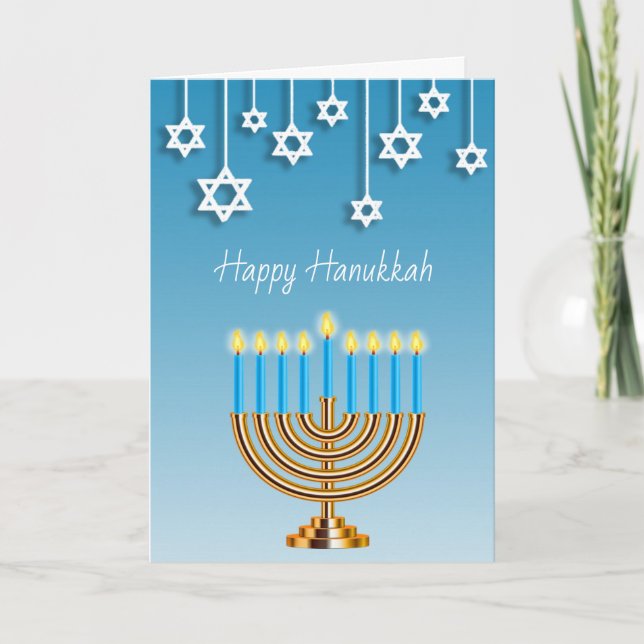 Carte Blue Or et Menorah Blanche Joyeux Hanukkah (Devant)