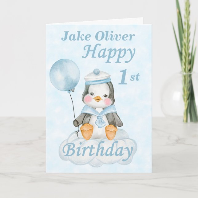 Carte Blue Penguin 1er Anniversaire (Devant)