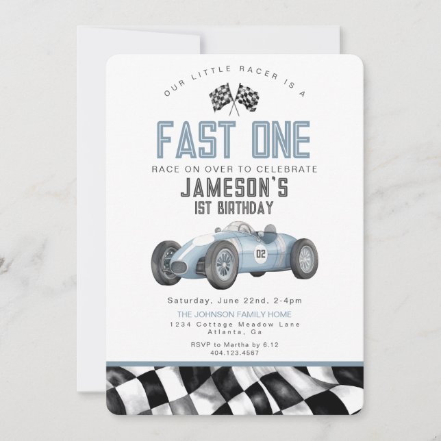 Carte Blue Race Car Fast One 1st Birthday Party Invitati (Devant)