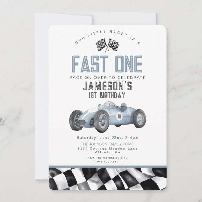 Carte Blue Race Car Fast One 1st Birthday Party Invitati (Devant)